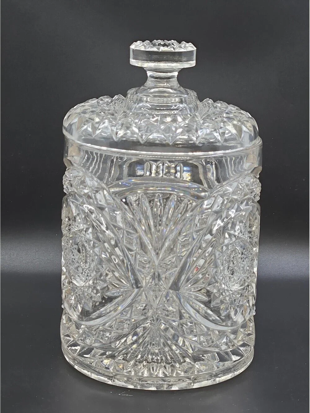 Vintage Imperial Glass Hobstar Roanoke Biscuit Barrel Cracker Jar w/Lid 7.75